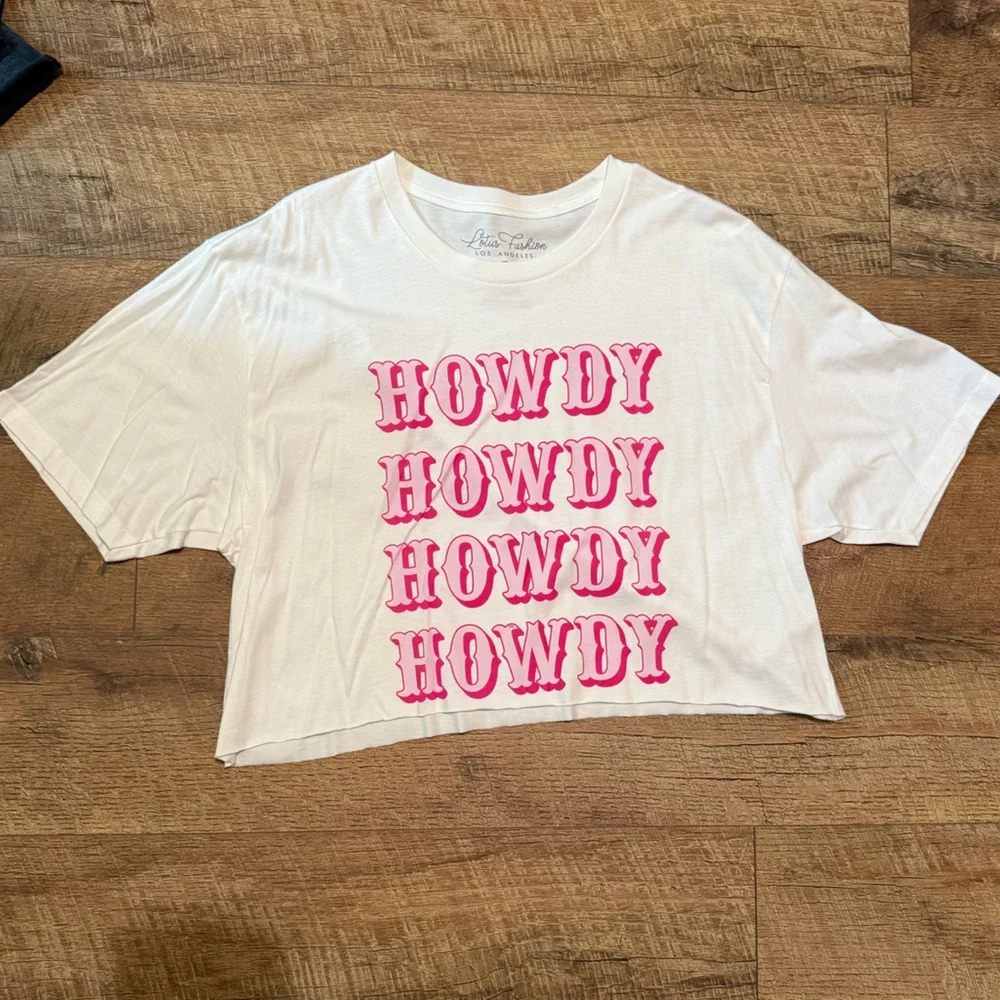 White Cropped Shirt with Pink 'Howdy' Print - Picture 1 of 2